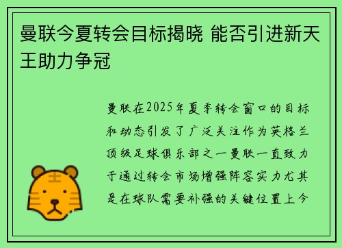 曼联今夏转会目标揭晓 能否引进新天王助力争冠